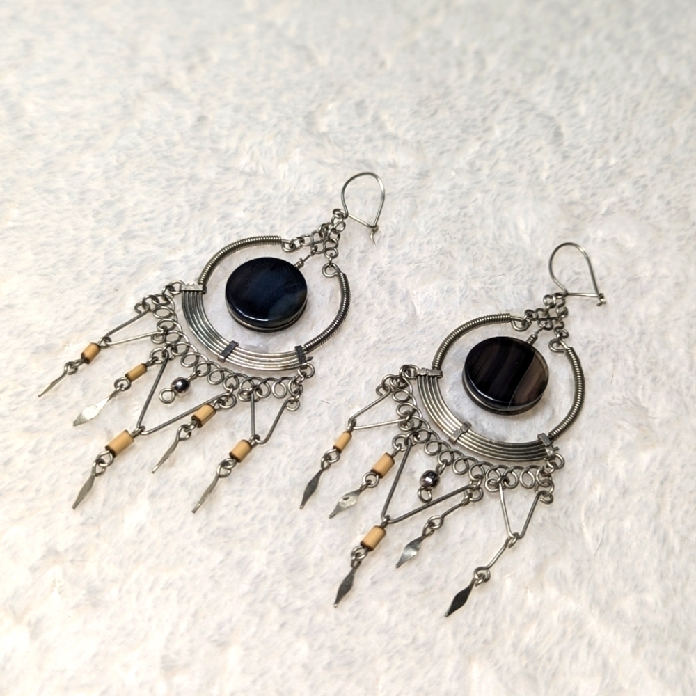 Vintage Artisan Made Sterling Silver Dream Catcher Pierced Earrings - Picture 7 of 8